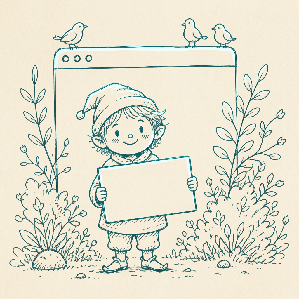 Hand-drawn sketch of a small character holding a card in front of a browser window surrounded by plants and birds