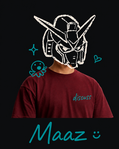 Portrait of Mohammed Maaz with a hand-drawn mecha helmet doodle